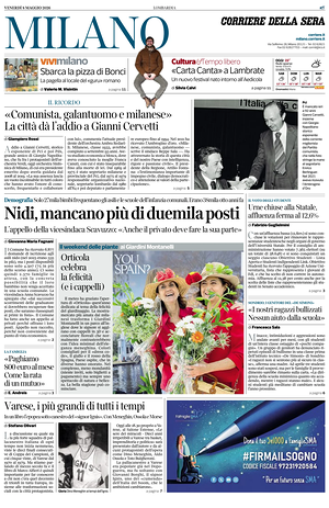 Prima pagina Corriere della Sera (Milano) di oggi - Quotidiano regionale