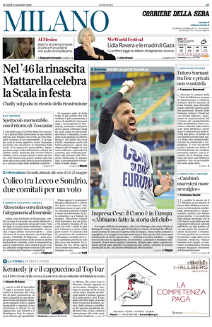 Prima pagina Corriere della Sera (Milano) di oggi - Quotidiano regionale