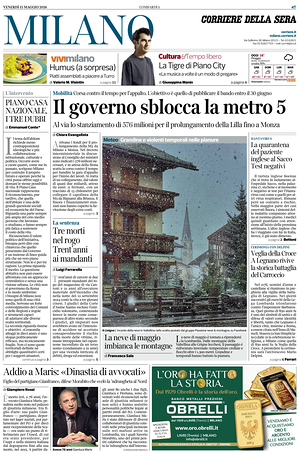 Prima pagina Corriere della Sera (Milano) di oggi - Quotidiano regionale