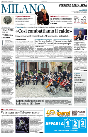 Prima pagina Corriere della Sera (Milano) di oggi - Quotidiano regionale