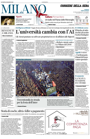 Prima pagina Corriere della Sera (Milano) di oggi - Quotidiano regionale