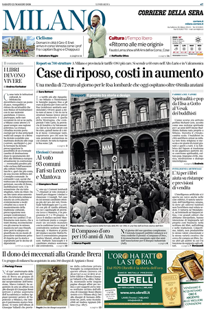 Prima pagina Corriere della Sera (Milano) di oggi - Quotidiano regionale
