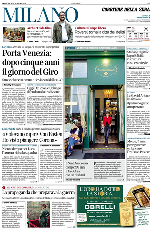 Prima pagina Corriere della Sera (Milano) di oggi - Quotidiano regionale