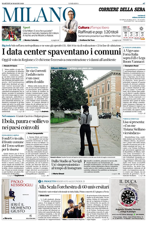 Prima pagina Corriere della Sera (Milano) di oggi - Quotidiano regionale