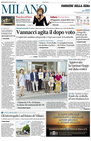 Prima pagina Corriere della Sera (Milano) di oggi - Quotidiano regionale