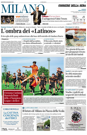 Prima pagina Corriere della Sera (Milano) di oggi - Quotidiano regionale