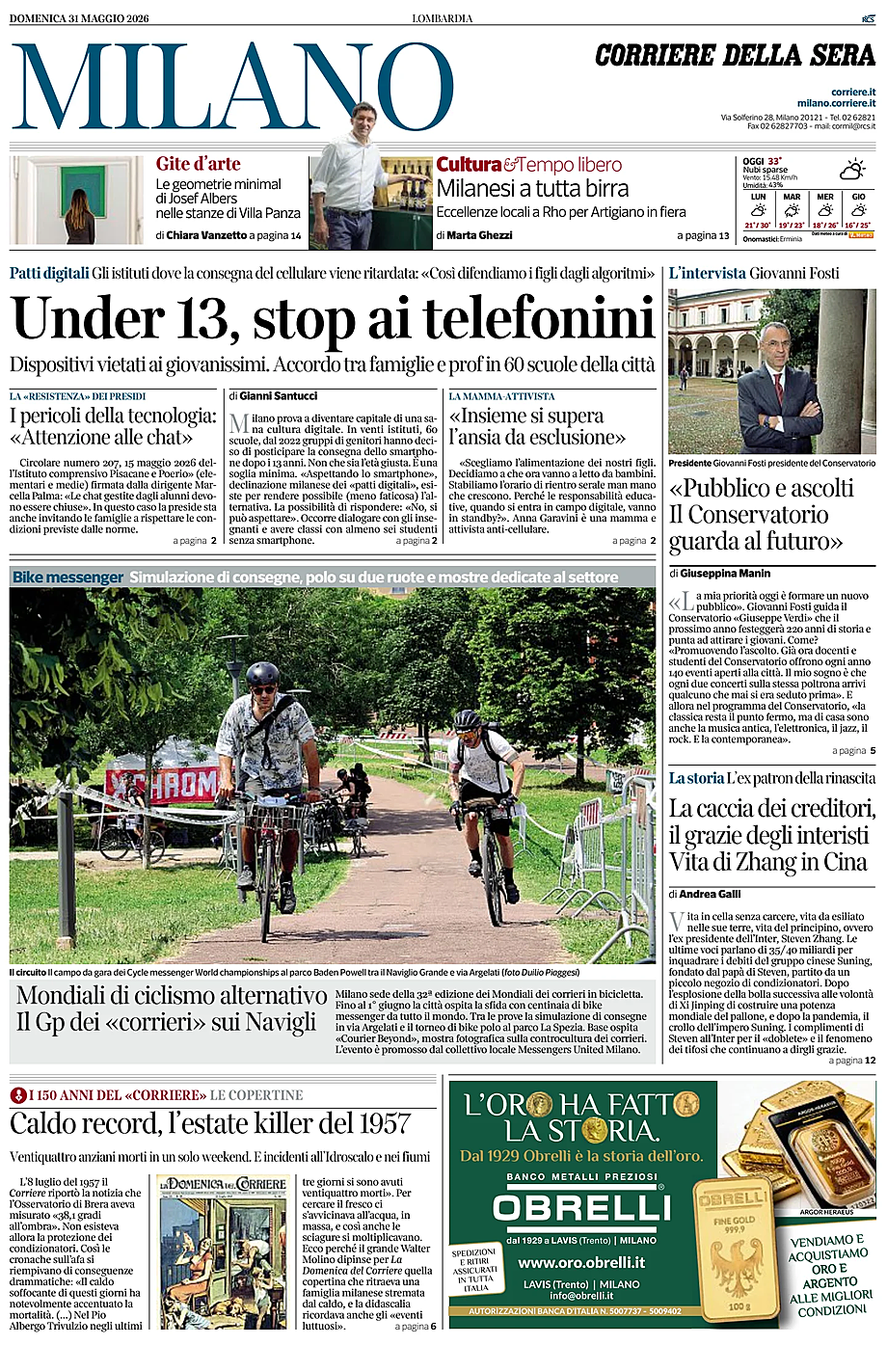 Prima pagina Corriere della Sera (Milano) di oggi - Edicola 31 Maggio 2026