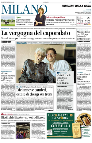 Prima pagina Corriere della Sera (Milano) di oggi - Quotidiano regionale