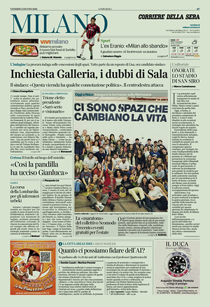 Prima pagina Corriere della Sera (Milano) di oggi - Quotidiano regionale