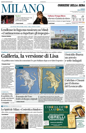 Prima pagina Corriere della Sera (Milano) di oggi - Quotidiano regionale