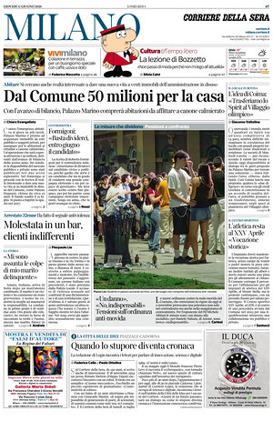 Prima pagina Corriere della Sera (Milano) di oggi - Quotidiano regionale