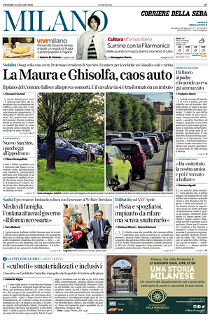 Prima pagina Corriere della Sera (Milano) di oggi - Quotidiano regionale