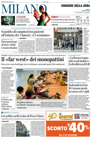 Prima pagina Corriere della Sera (Milano) di oggi - Quotidiano regionale