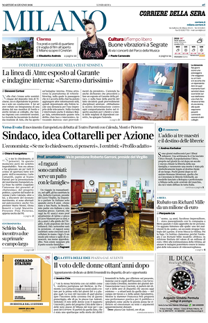 Prima pagina Corriere della Sera (Milano) di oggi - Quotidiano regionale