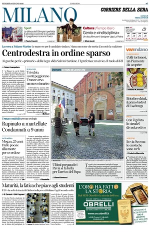 Prima pagina Corriere della Sera (Milano) di oggi - Quotidiano regionale