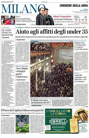 Prima pagina Corriere della Sera (Milano) di oggi - Quotidiano regionale