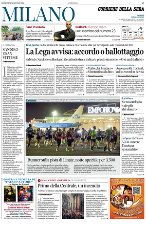 Prima pagina Corriere della Sera (Milano) di oggi - Quotidiano regionale