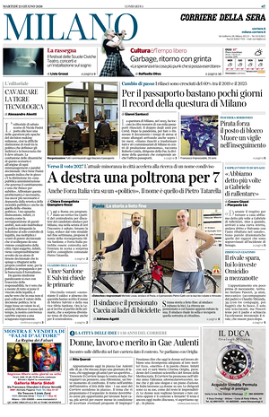 Prima pagina Corriere della Sera (Milano) di oggi - Quotidiano regionale