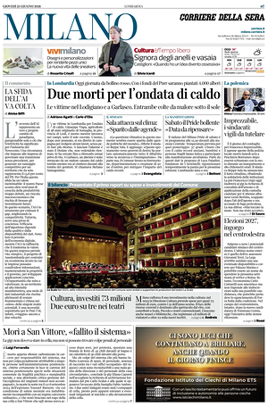 Prima pagina Corriere della Sera (Milano) di oggi - Quotidiano regionale