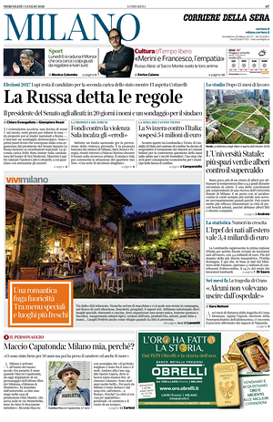 Prima pagina Corriere della Sera (Milano) di oggi - Quotidiano regionale