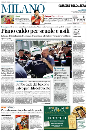 Prima pagina Corriere della Sera (Milano) di oggi - Quotidiano regionale