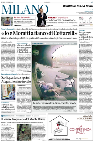 Prima pagina Corriere della Sera (Milano) di oggi - Quotidiano regionale