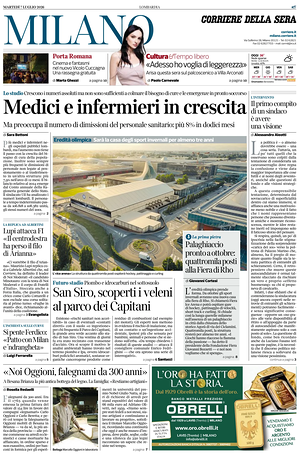 Prima pagina Corriere della Sera (Milano) di oggi - Quotidiano regionale