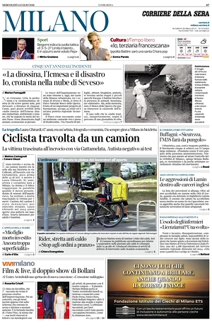 Prima pagina Corriere della Sera (Milano) di oggi - Quotidiano regionale