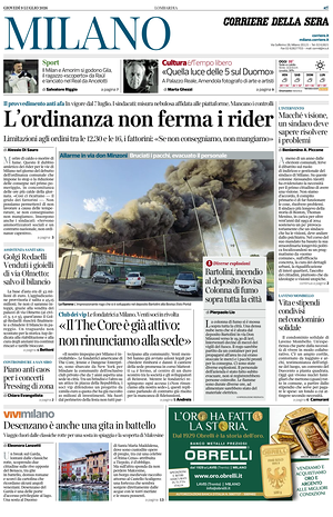 Prima pagina Corriere della Sera (Milano) di oggi - Quotidiano regionale