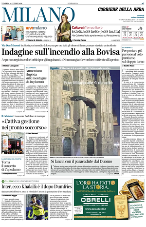 Prima pagina Corriere della Sera (Milano) di oggi - Quotidiano regionale