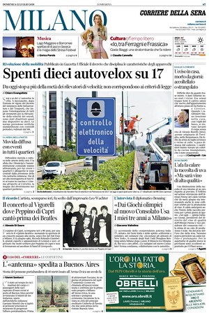 Prima pagina Corriere della Sera (Milano) di oggi - Quotidiano regionale