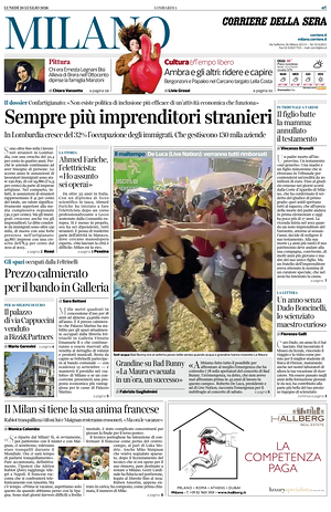 Prima pagina Corriere della Sera (Milano) di oggi - Quotidiano regionale