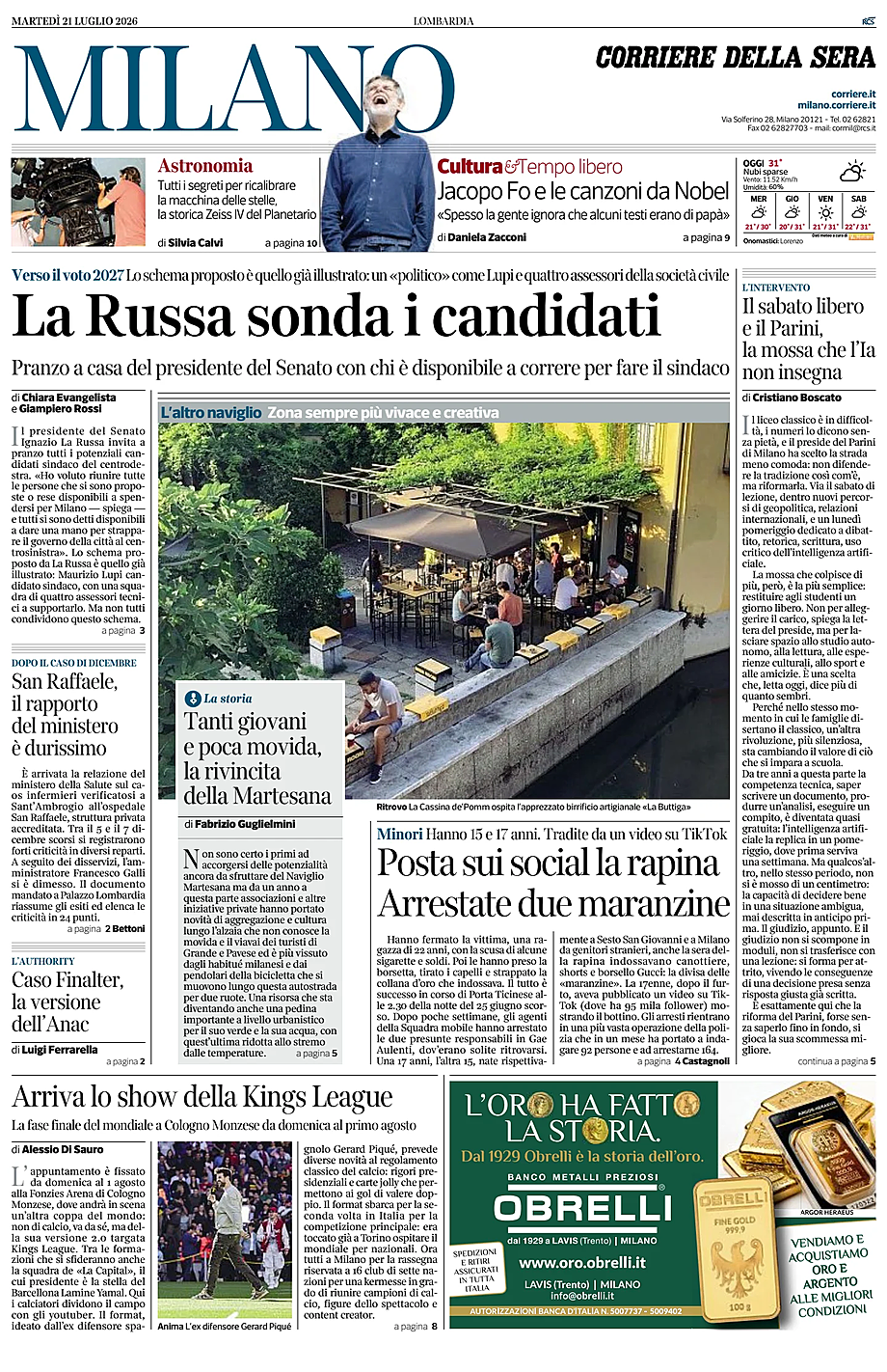 Prima pagina Corriere della Sera (Milano) di oggi - Edicola 21 Luglio 2026
