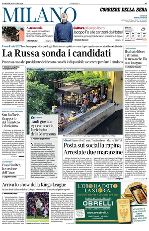 Prima pagina Corriere della Sera (Milano) di oggi - Quotidiano regionale