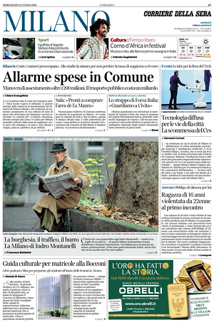 Prima pagina Corriere della Sera (Milano) di oggi - Quotidiano regionale