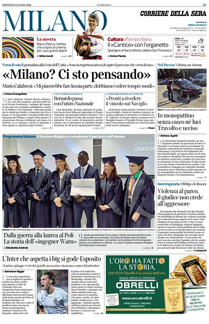 Prima pagina Corriere della Sera (Milano) di oggi - Quotidiano regionale