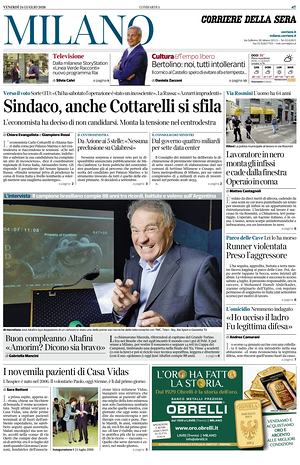 Prima pagina Corriere della Sera (Milano) di oggi - Quotidiano regionale