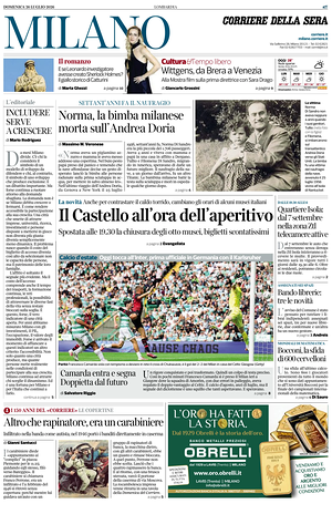 Prima pagina Corriere della Sera (Milano) di oggi - Quotidiano regionale