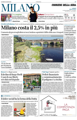 Prima pagina Corriere della Sera (Milano) di oggi - Quotidiano regionale