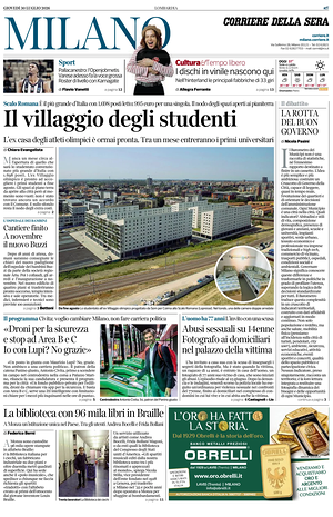 Prima pagina Corriere della Sera (Milano) di oggi - Quotidiano regionale