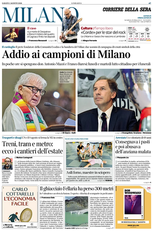 Prima pagina Corriere della Sera (Milano) di oggi - Quotidiano regionale
