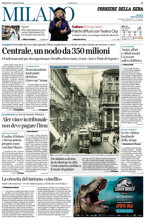 Prima pagina Corriere della Sera (Milano) di oggi - Quotidiano regionale