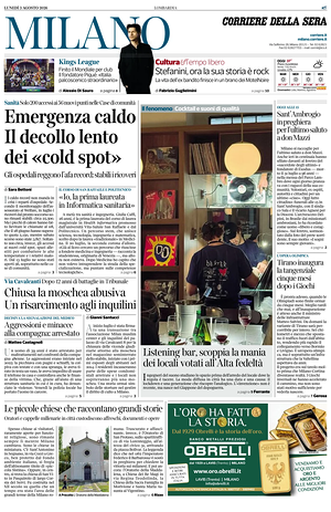 Prima pagina Corriere della Sera (Milano) di oggi - Quotidiano regionale