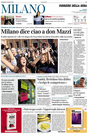 Prima pagina Corriere della Sera (Milano) di oggi - Quotidiano regionale