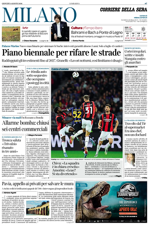 Prima pagina Corriere della Sera (Milano) di oggi - Quotidiano regionale