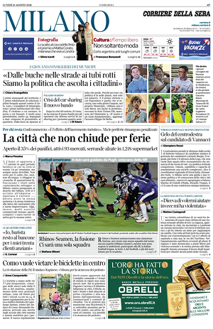 Prima pagina Corriere della Sera (Milano) di oggi - Quotidiano regionale