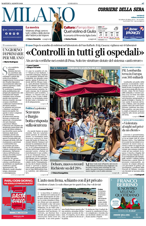 Prima pagina Corriere della Sera (Milano) di oggi - Quotidiano regionale