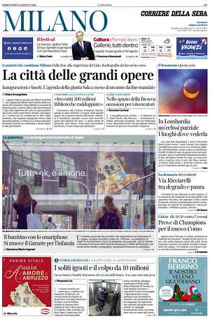 Prima pagina Corriere della Sera (Milano) di oggi - Quotidiano regionale