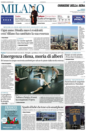 Prima pagina Corriere della Sera (Milano) di oggi - Quotidiano regionale