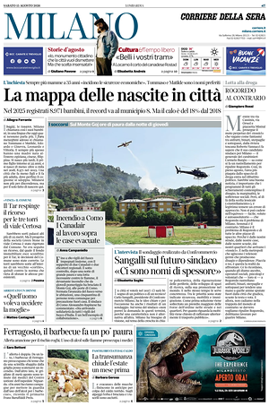 Prima pagina Corriere della Sera (Milano) di oggi - Quotidiano regionale